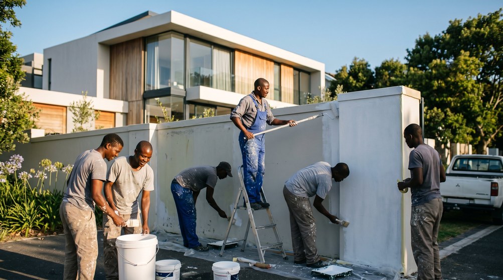 Professional team painting a boundary wall at a modern home in Table View