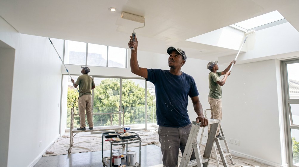 Professional ceiling painters rolling white paint onto a high ceiling in Table View
