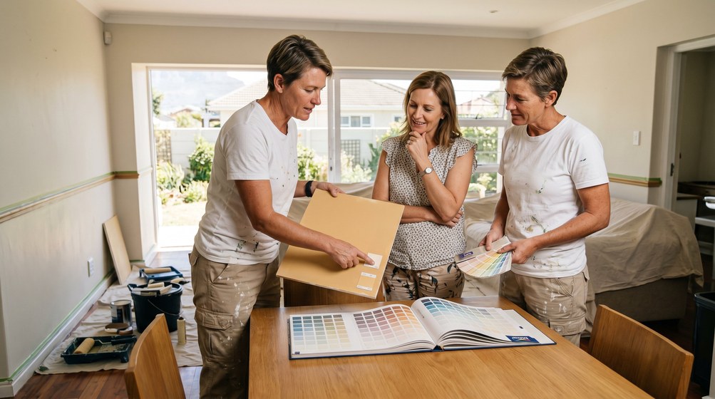 Professional colour consultant showing paint swatches to a homeowner in Table View