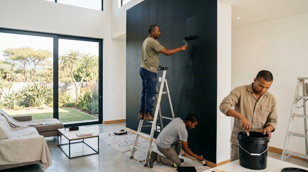 Professional painters creating a bold black feature wall in a modern Table View home