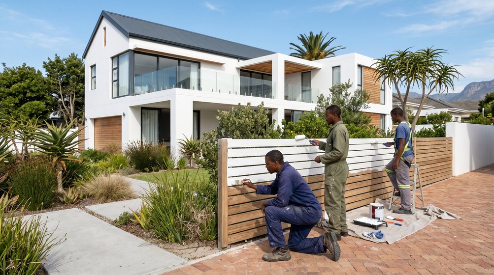 Professional fence painters painting a wooden fence at a coastal home in Table View