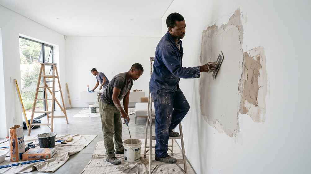 Professional plaster repair team skim coating damaged walls in Table View