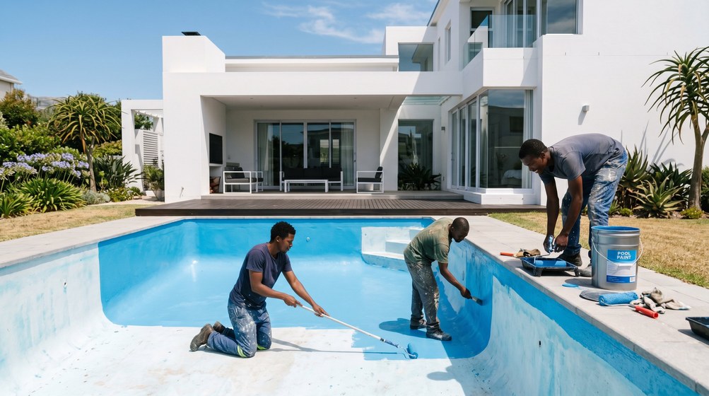 Professional pool painters applying blue pool paint to a swimming pool in Table View