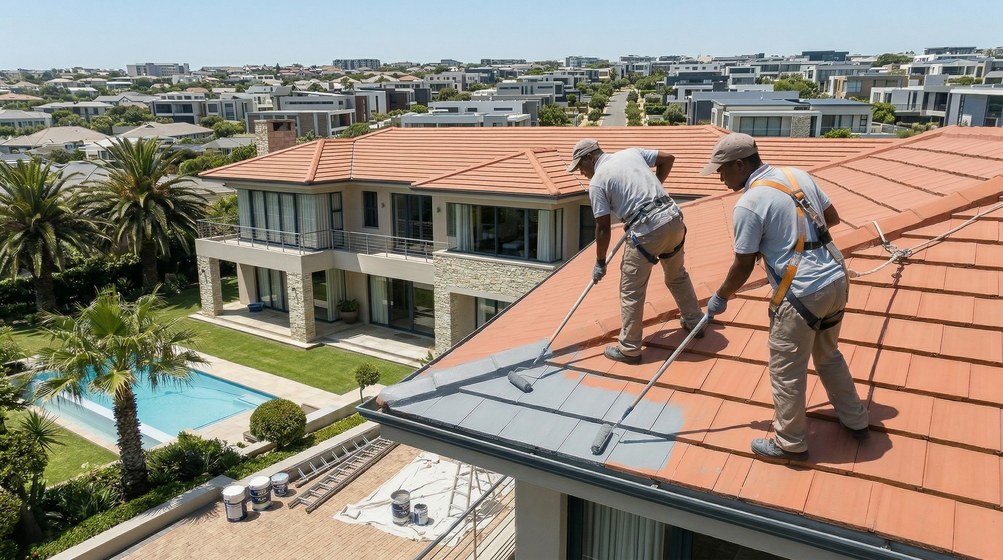 Professional roof painters applying waterproof coating to tiled roof in Table View