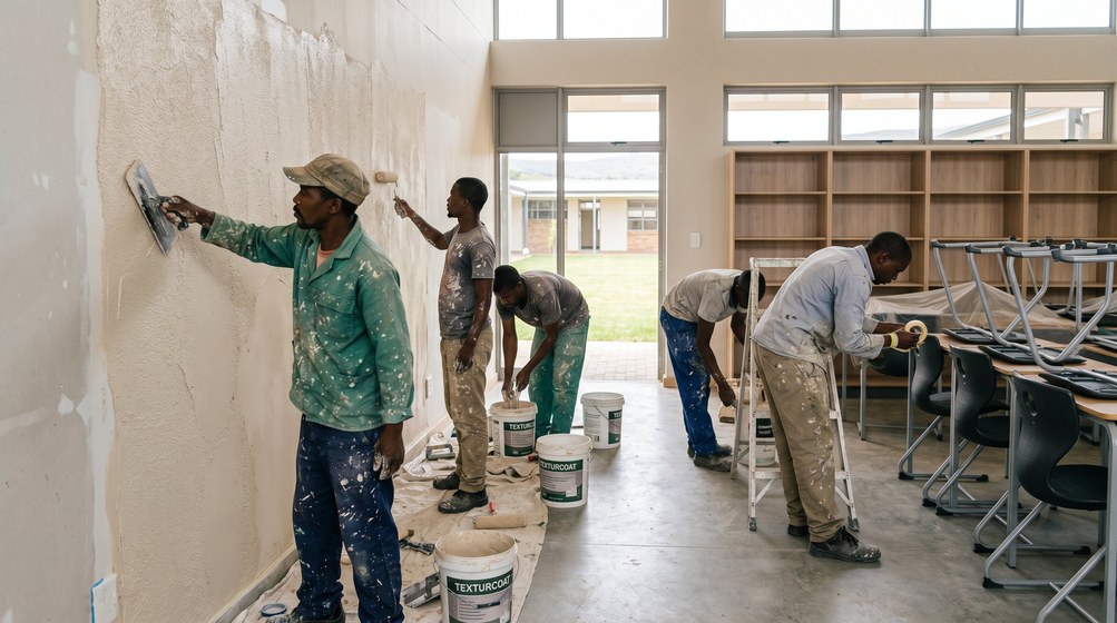 Professional texture coating team applying Texturcoat to interior walls in Table View