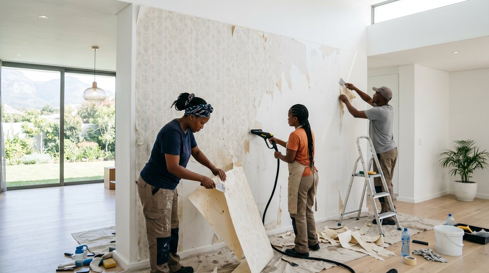 Professional wallpaper removal team stripping old wallpaper in a Table View home