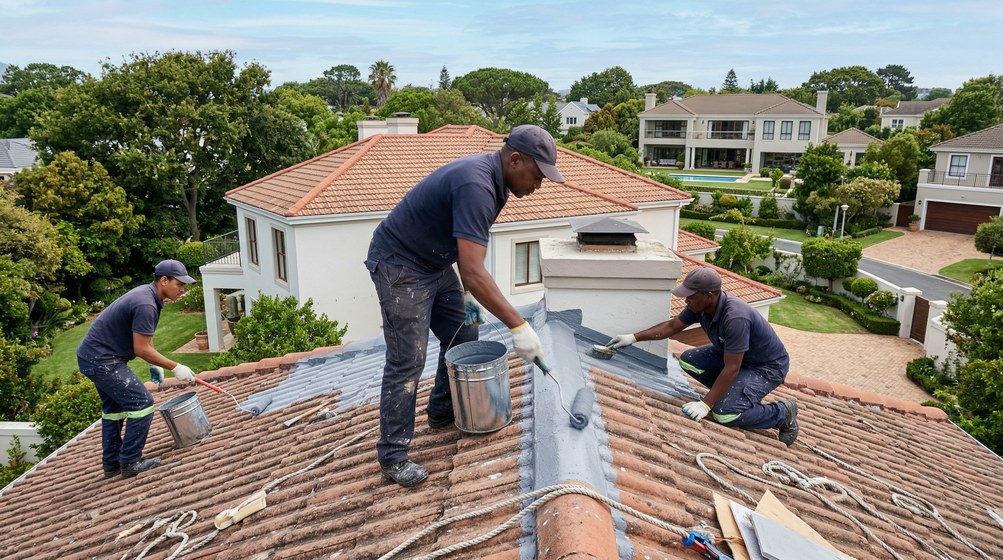 Professional waterproofing team applying membrane to roof in Table View