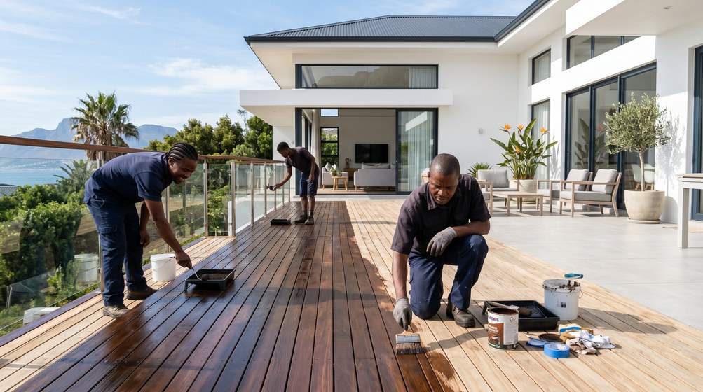 Professional wood staining team applying deck stain overlooking the ocean in Table View